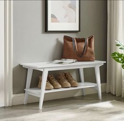 White Wood Entryway Bench with Bottom Shelf