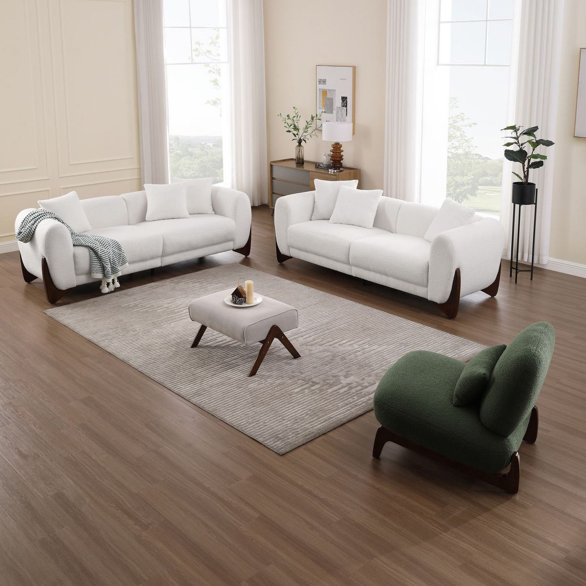 July Special Modern Boucle Fabric Sofa Set - 2 Sofas and 1 chair with Sleek Wooden Legs for Living Room or Home Office