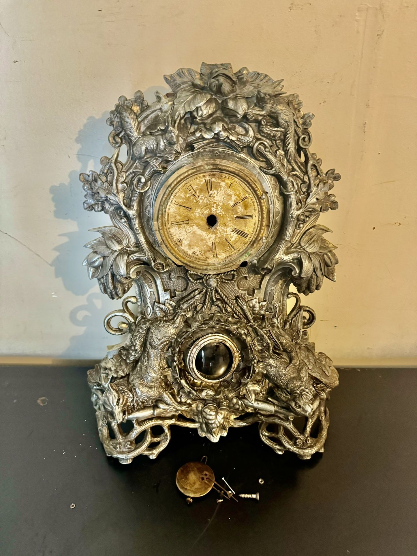 Antique 1858 Cast Iron Mantle Clock N. Muller NY No 65 Fox and the Hare 19” (Rare project)