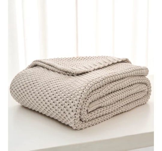 Longhui bedding Chunky Cable Knit Throw Blanket Beige 100% Organic Cotton 60" x 80" Lightweight, Modern Farmhouse, Shabby Chic, for Sofa, Bed, Couch,