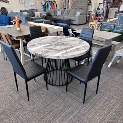 Dining Set of 5, 45" Round Indoor Dining Table, Black/Cream Faux Marble, 4 Dining Chairs PU Leather, Black, New