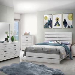 4 Piece Queen Bedroom Set Queen Bed Frame Dresser Mirror And Nightstand In Coastal White Color