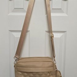 Beige Quilted Crossbody Shoulder Bag With Small Coin Purse Keychain.