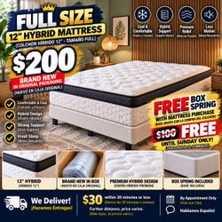FULL SIZE 12” HYBRID MATTRESS $200 + FREE BOX SPRING 🔥
