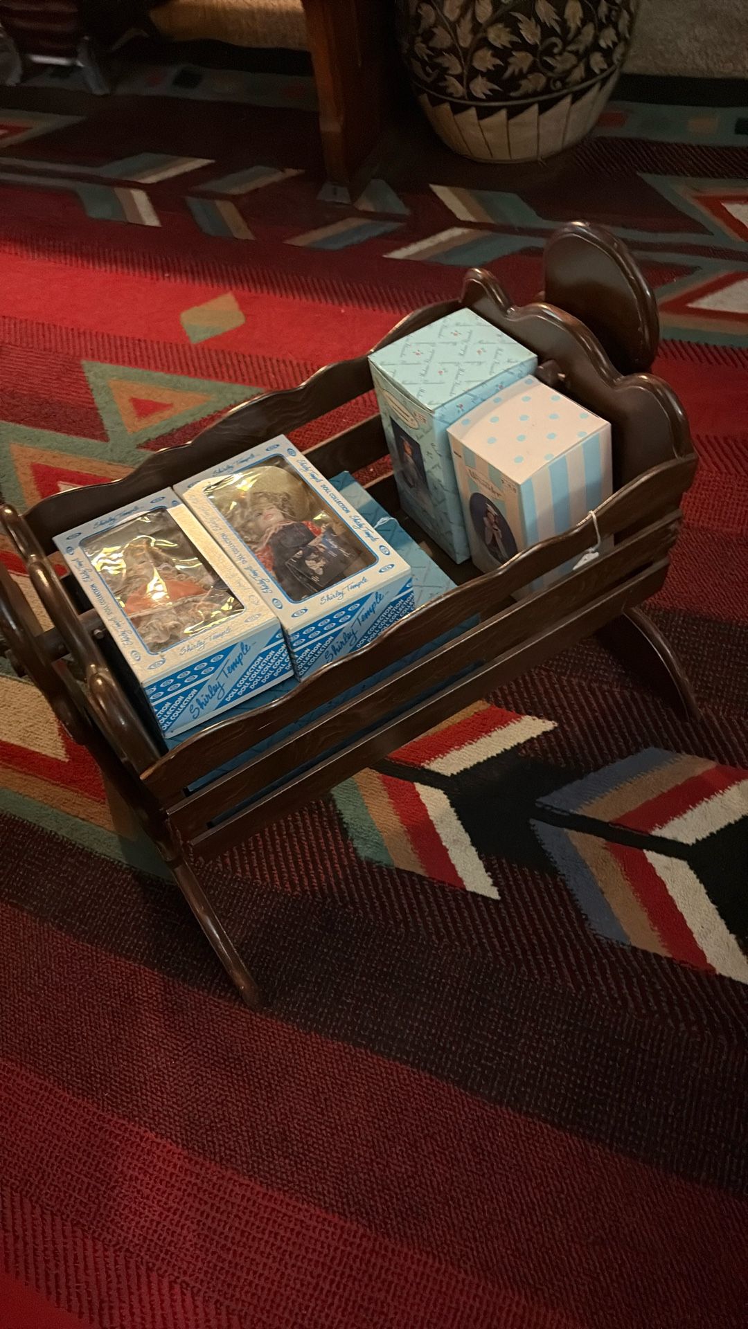 Wood Doll Cradle With 3 Madame Alexander Dolls & 2 Shirley Temple Dolls