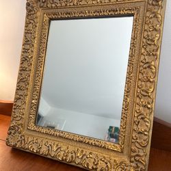 Hollywood Regency Style Gold Ornate Framed Mirror 19.25” x 16.25” can be hung up either way