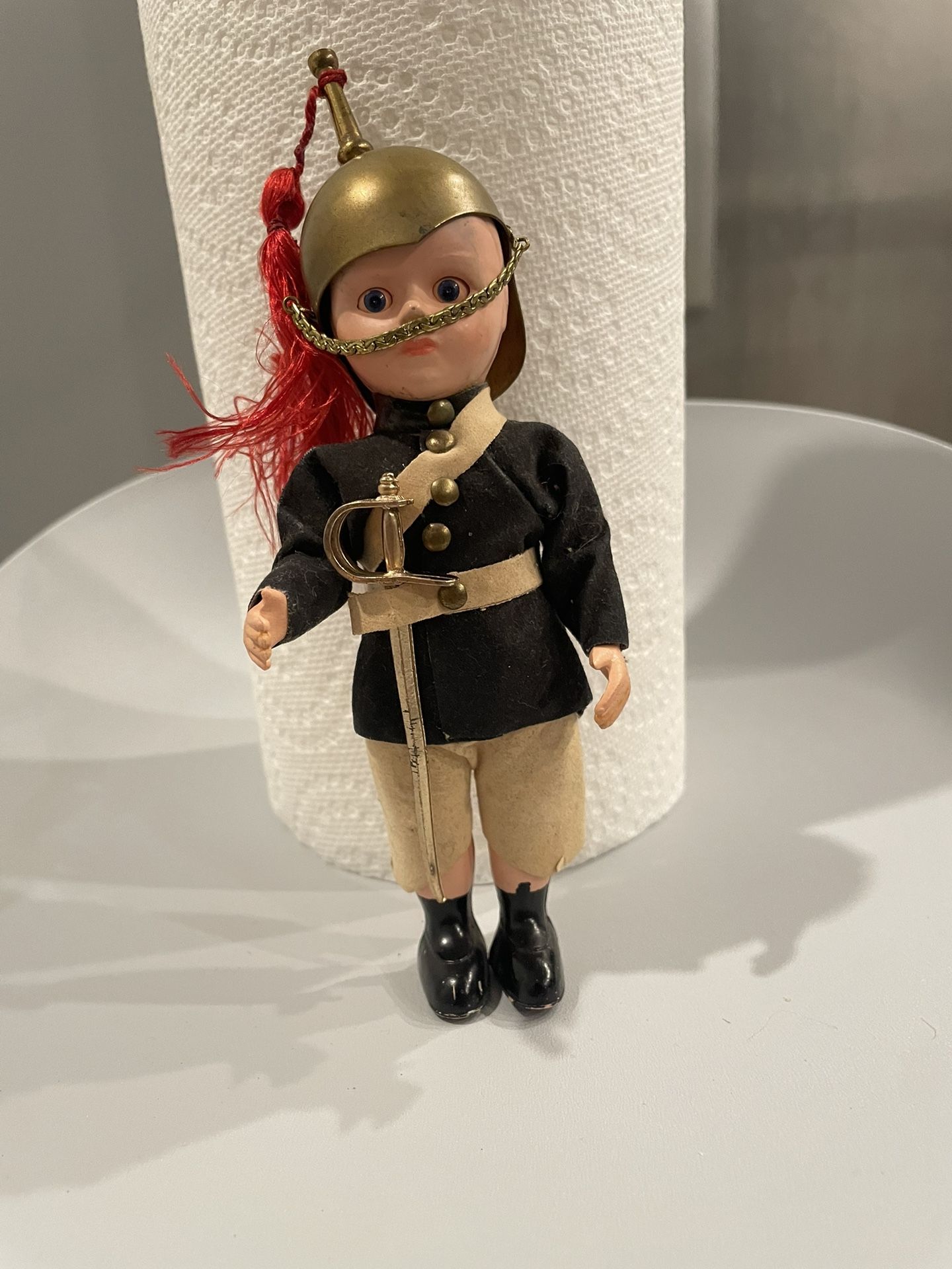 Vintage 1960's  British Soldier Queen's Royal Guard- Brass Helmet and Sword 7''