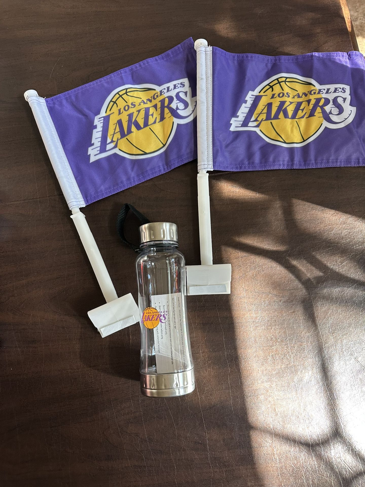 2 - Los Angeles Lakers car flags, and 18 ounce water bottle