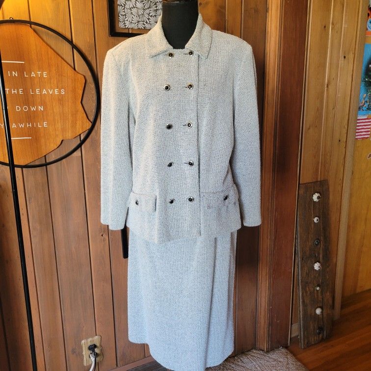 Vintage 1980s Gray Polyester Anthony Richards Skirt Suit Sz 14.5 Double Buttons