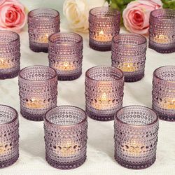 24 Pcs Votive Candle Holders, Glass Holders Bulk for Table Centerpiece, Tea Lights Candle Holders for Wedding Shower, Party and Home Decor Purple
