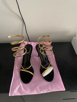 Black & gold snake heels with gold spiral straps