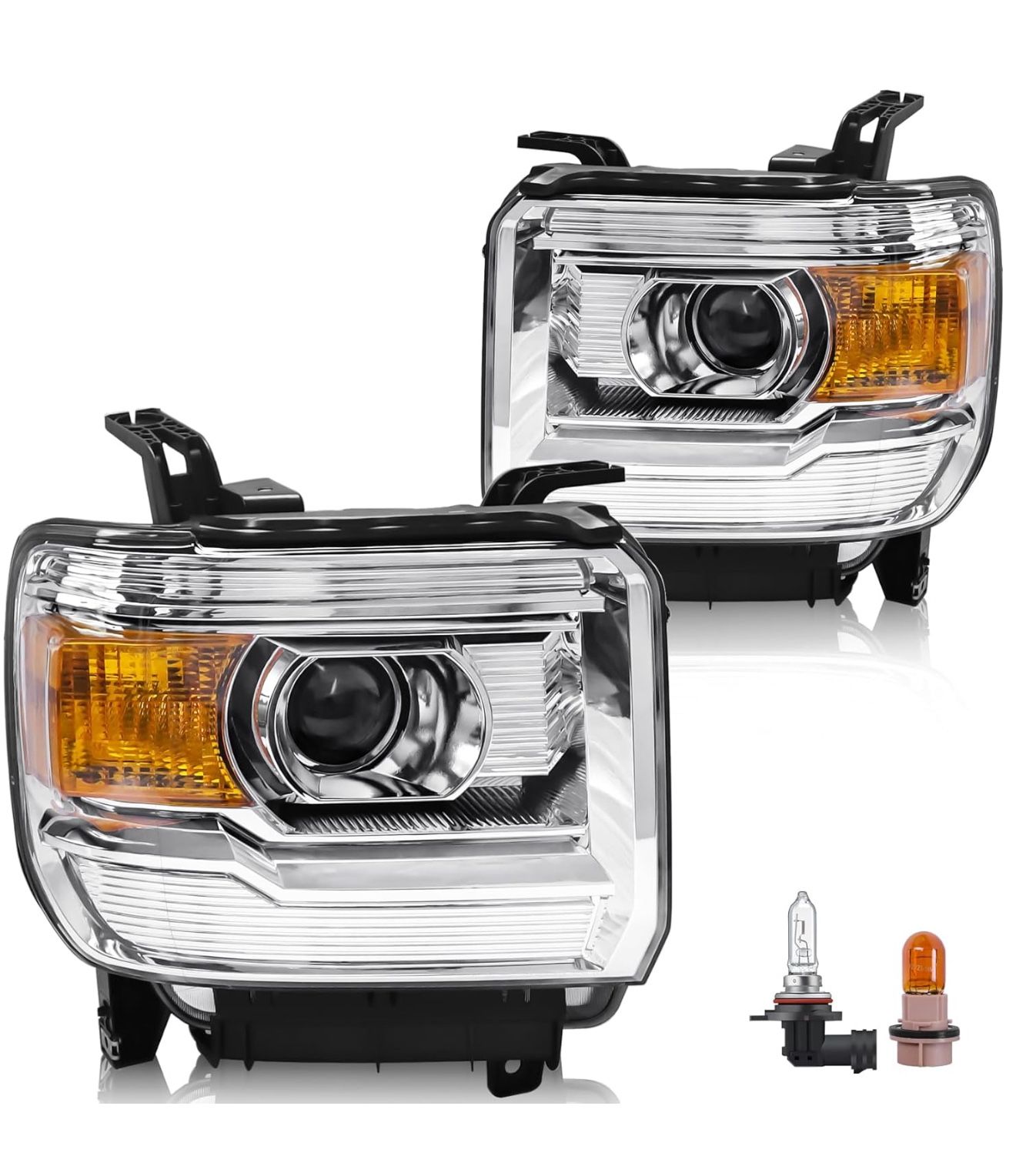 Headlight Assembly Compatible with GMC Sierra 2014-2018 1500 | 2015-2019 2500HD/3500HD Base/Denali/SLE/SLT, Halogen Headlamp Replacement W/O LED DRL,