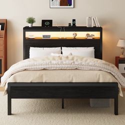 Queen Size Platform Bed Frame with RGB LED Storage Headboard, Charging Station & USB Ports, 2 Storage Shelves, 12" Under-Bed Storage Space, Heavy-Duty