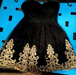 Black Strapless Mini Dress with Gold Embroidery-Small/Medium