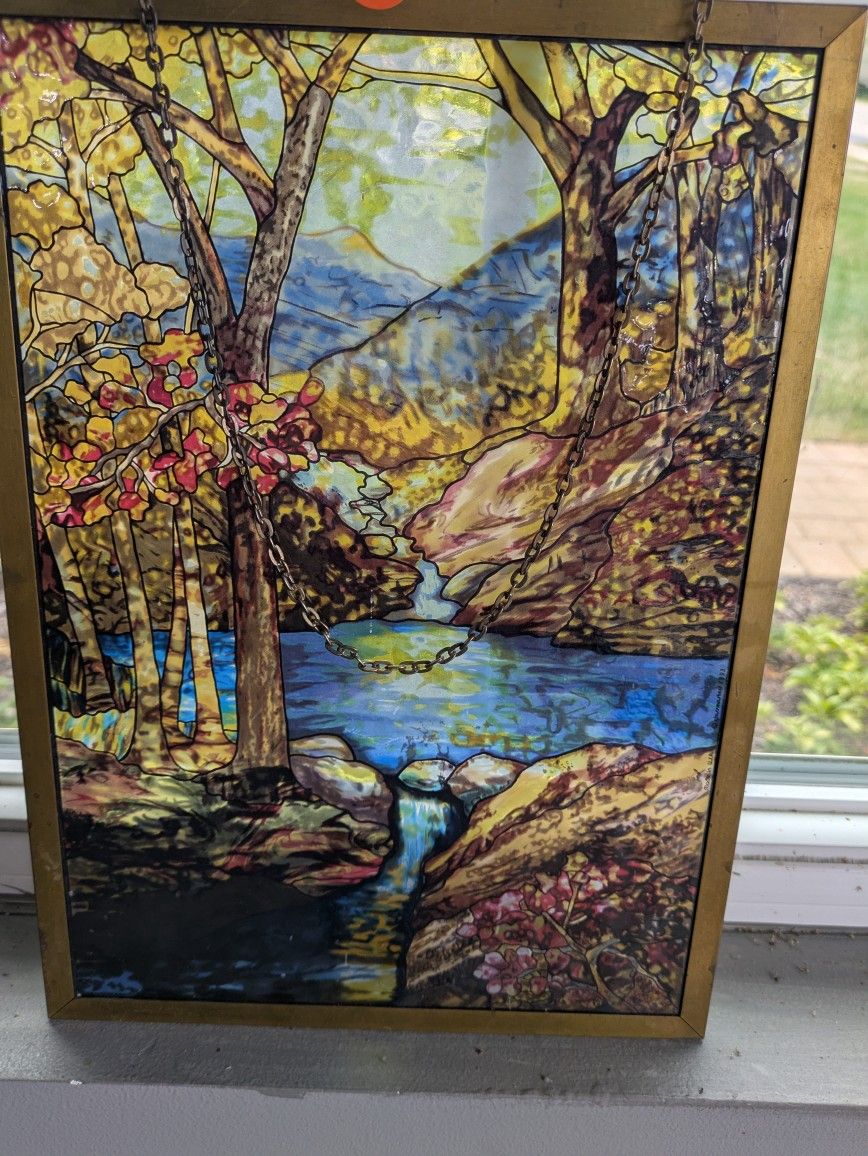 Glass Masters Louis C. Tiffany Stained Glass Sun Catcher With Gold Frame. Illuminates Beautifully When The Sun Is Shining.