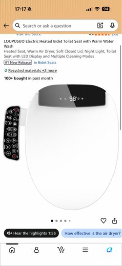 LOUPUSUO Electric Heated Bidet Toilet Seat with Warm Water Wash Heated Seat, Warm Air Dryer, Soft Closed Lid, Night Light, Toilet Seat with LED Displa