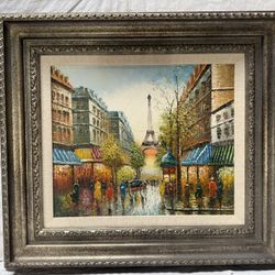Paris ~ Hand-Painted Oil Painting Wooden Frame 37” x 33”