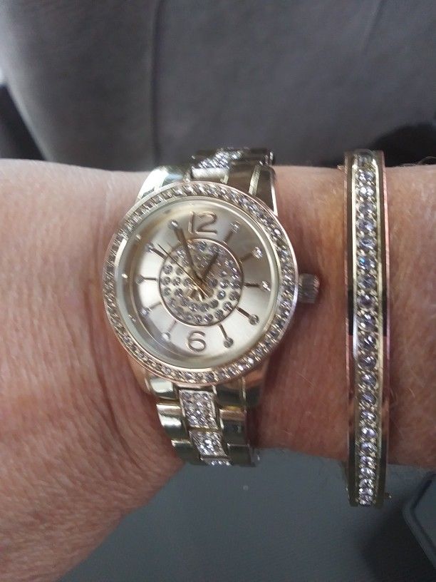 Gold Plated Watch And Bracelet Set