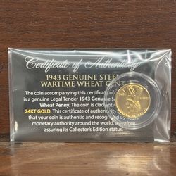 24k Gold Plated 1943 steel Lincoln Wheat Penny
