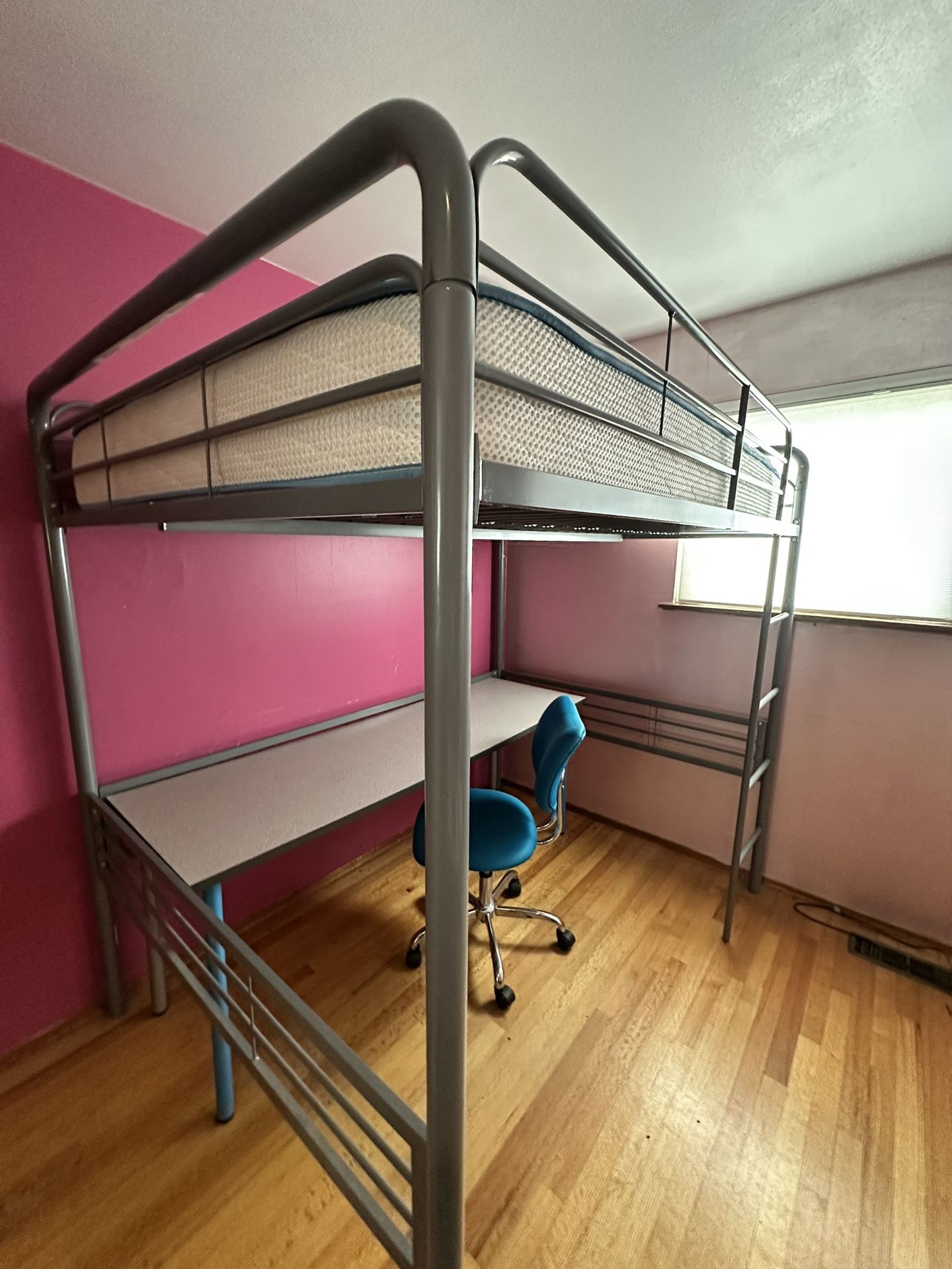 IKEA Full Size Metal Loft Bed • Grey • Desk + Mattress + Extra ladder - $220 (Wedgwood) 