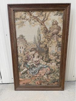 Antique Italian Tapestry – Framed Romantic Pastoral Scene – Made in Italy