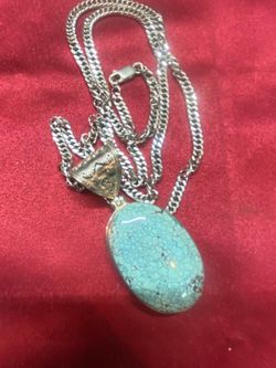 Vintage Sterling Silver Spiderweb Turquoise Pendant Necklace w/ Heavy 24” Sterling Chain