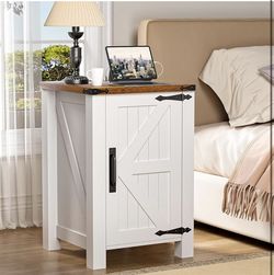 New Farmhouse Nightstand with Charging Station, end Tables for Living Room, with Barn Door and Adjustable Shelf, Farmhouse nightstands in Antique,with