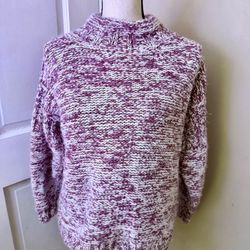 Vintage 90s Hand Knit Purple Marbled Sweater Mock Neck Cable Knit Contrast S/M