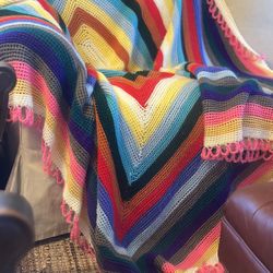📝 Vintage (I Think?) Handmade Crochet Afghan – 72” x 72” – Rainbow Square Throw – Retro Multicolor Blanket