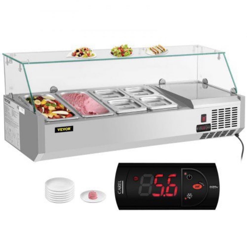 VEVOR Refrigerated Condiment Prep Station, 48-Inch, 10.8Qt Sandwich Prep Table w/ 2 1/3 Pans & 4 1/6 Pans, 146W Salad Bar w/ 304 Stainless Body Temper