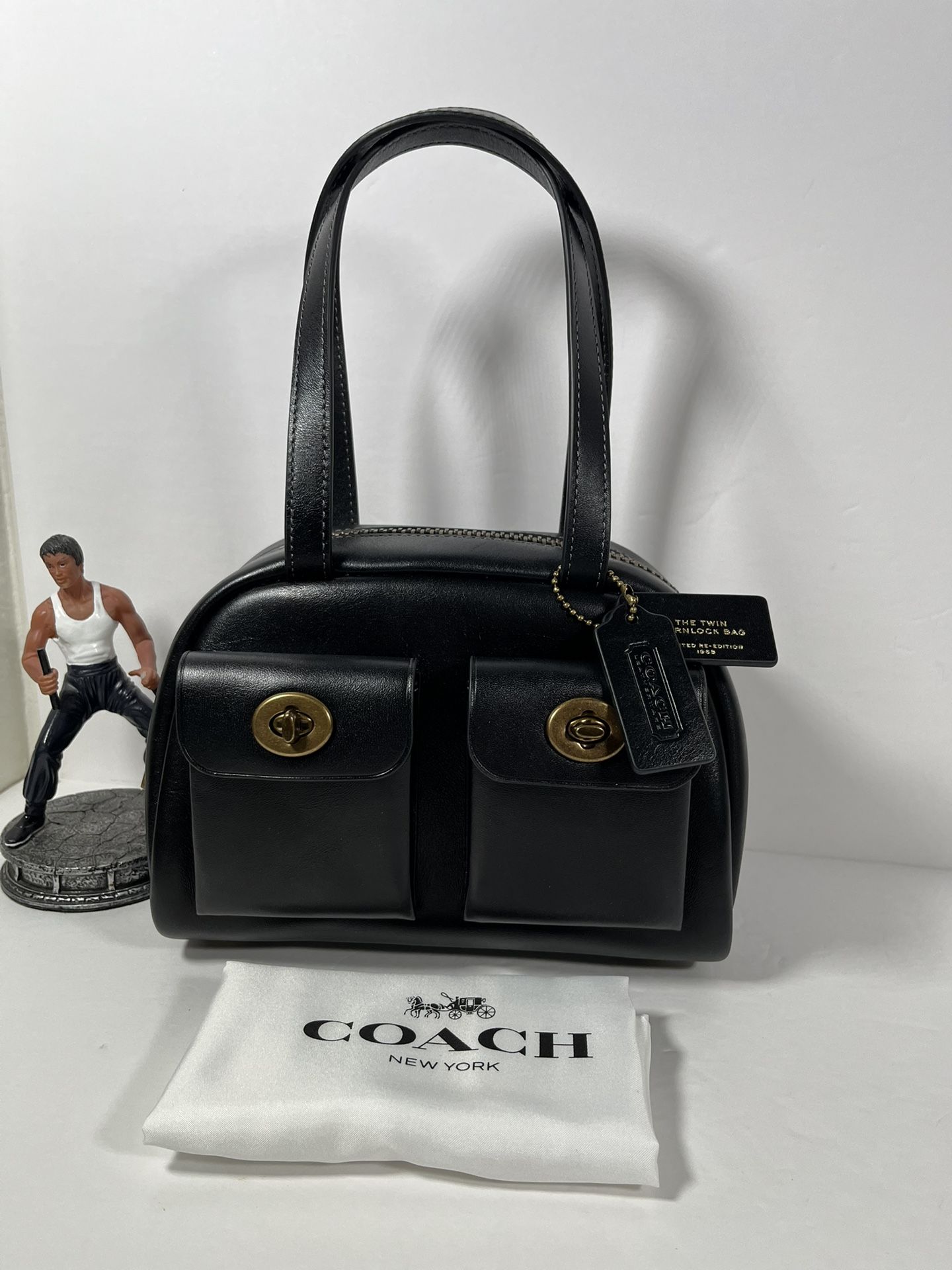 Coach Twin Turnlock Bag 20 Satchel in Dark Brass/Black Waxed Smooth Leather NWT