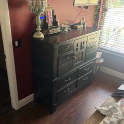 Large Solid Wood Dresser - Heavy - Dark Brown With Moroccan Style Door Knobs- Can Be Sanded & Repainted If You Like. 