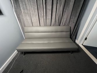 Gray Faux Leather Armless Bench Sofa — Modern Channel-Tufted Back, Chrome Legs