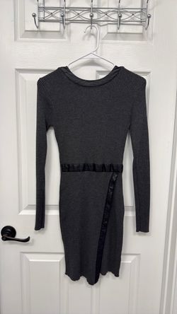 Gray Ribbed Knit Mini Dress with Satin Trim