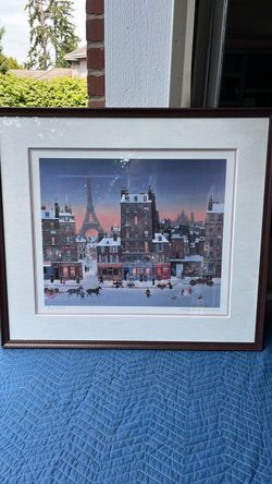 Framed "Hiver à Paris" offset lithograph print by French naïf artist Michel Delacroix