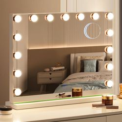 Amifiy Hollywood Vanity Mirror With Lights, 23"X18" Lighted Makeup Mirror With 10x Magnification For Desk/Wall Mount, 15 Led Bulbs, 3 Lighting Modes F