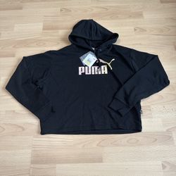Puma Essentials+ Cropped Metallic Logo Pullover Hoodie Womens Black Casual Sz M