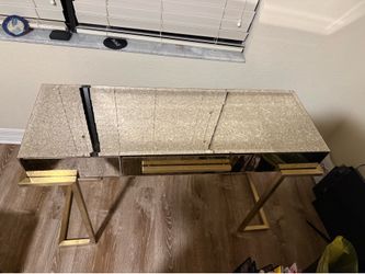 Mirrored Glass Desk with Gold Base, 1 Drawer (AS-IS, Damaged Top)