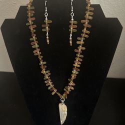 Amber Agate And Sea Glass 18” Necklace And Earrings 