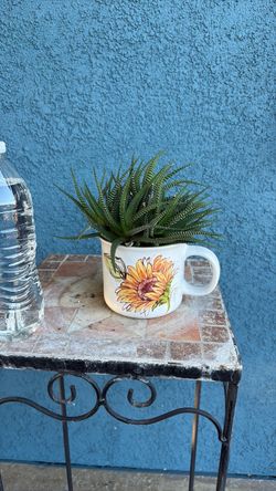 Sunflower Ceramic Mug with Succulent Plant