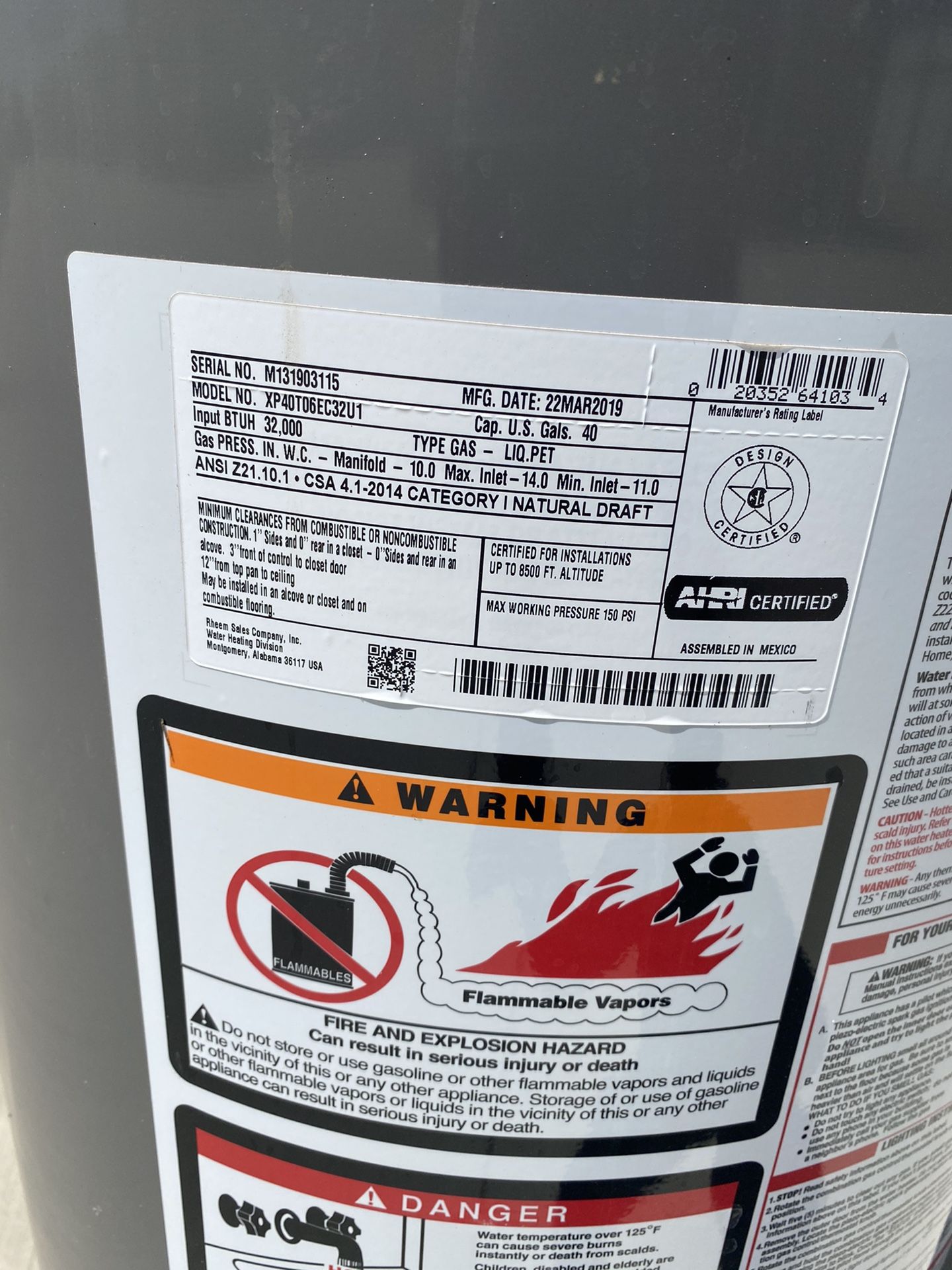 Propane 40 gallon Water Heater 