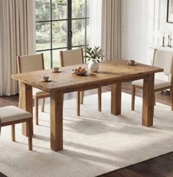 LD0257 63 Inch Farmhouse Brown Solid Wood Dining Table for 4-6 Rustic Kitchen Tables with Sturdy Legs Large Rectangular Dinner Table for Dining Room K