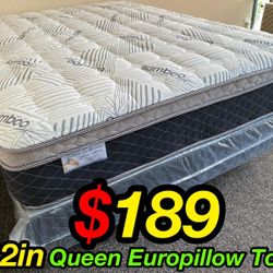 Queen Bamboo Plush Comfort Europillow Top 12inch Mattress!