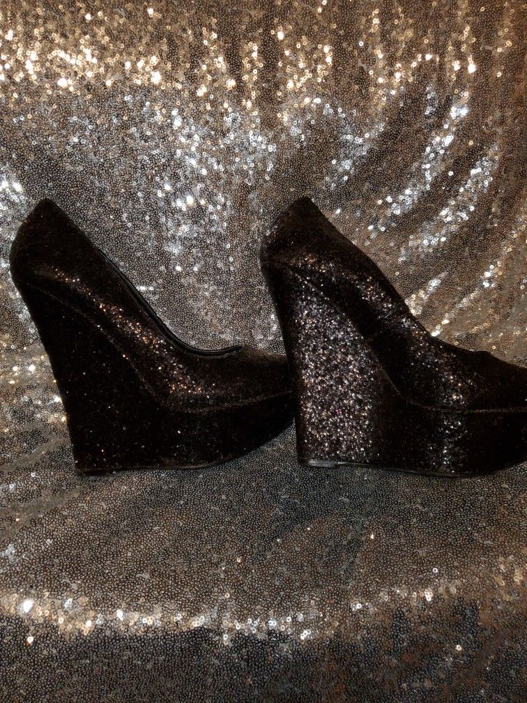 Black Sparkly Wedge Heels