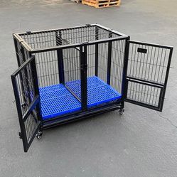 $160 (New in Box) Folding dog cage 37x25x33” heavy duty double-door kennel w/ divider, plastic tray