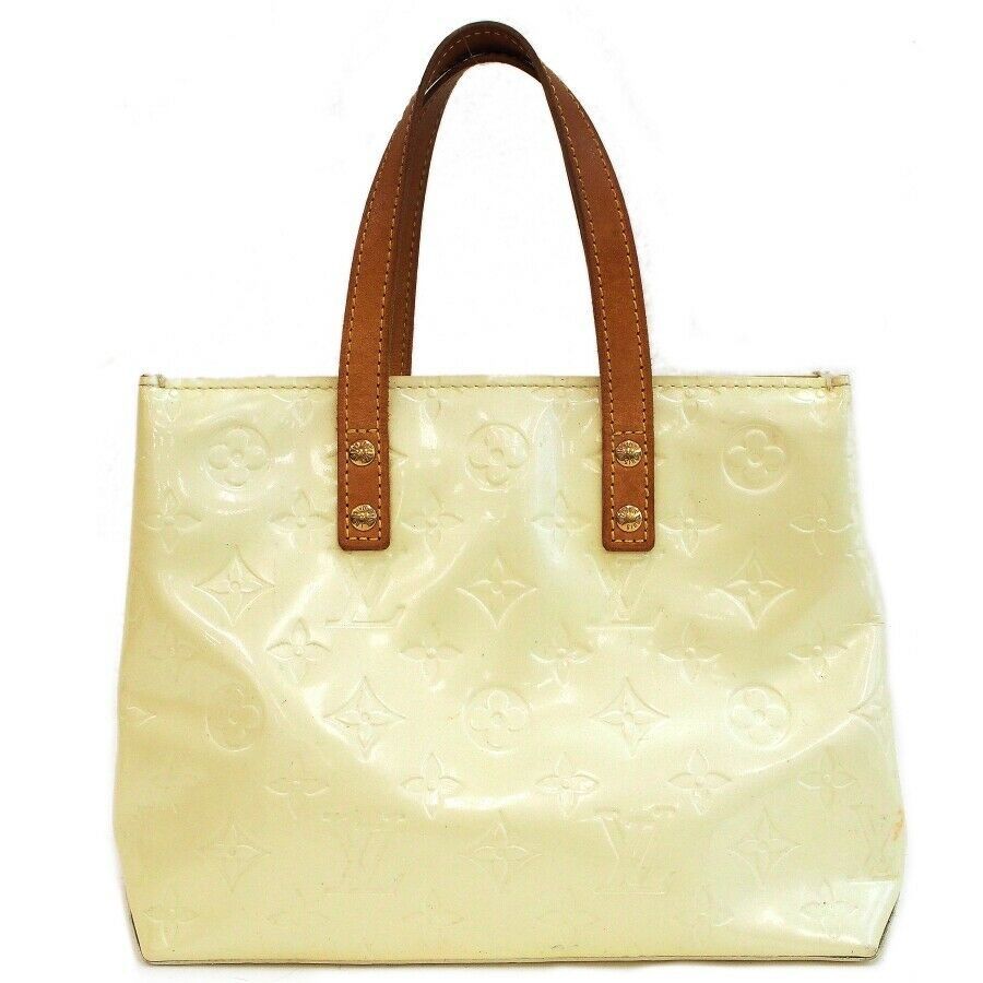 Authentic Louis Vuitton Reade PM Vernis M91145 Ivory Patent Leather Tote Bag 11335