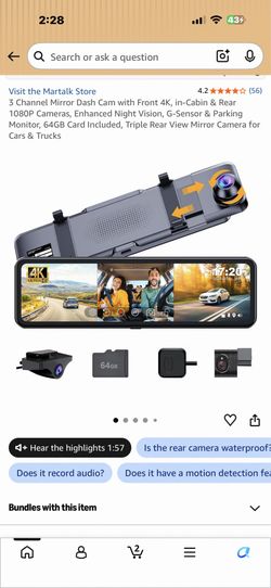 Martalk 3 Channel Mirror Dash Cam with Front 4K, In-Cabin & Rear 1080P