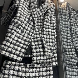 Stylish Black and White Houndstooth Women's Coat and skirt