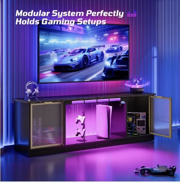 RSPGAME LED TV Stand For PS5 Xbox With Music Sync LED Lights, Gaming Entertainment Center For TVs 55/60/65 Inch With Storage Cabinets Open Shelves For