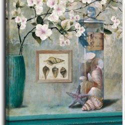 White Flowers Canvas Wall Art Teal Painting Shell Picture Artwork Prints Framed 20x16